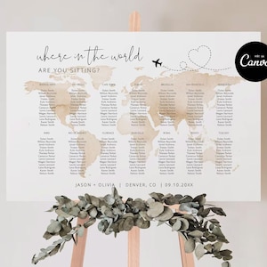 Map Destination Seating Chart Template, World Seating Chart Printable, City Name Seating Chart Instant Download Poster Editable Watercolor