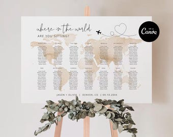 Map Destination Seating Chart Template, World Seating Chart Printable, City Name Seating Chart Instant Download Poster Editable Watercolor