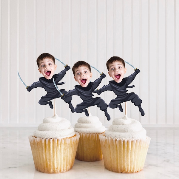 Adornos imprimibles para cupcakes de ninja, decoraciones de cumpleaños de ninja, adornos para pasteles de ninja, decoración para fiestas de artes marciales, adornos para cupcakes con caras, decoración infantil