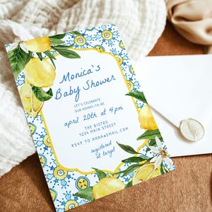 Editable Lemon Baby Shower Invitation Template, Mediterranean Blue Tile Baby Shower Invite, Almafi Coast Lemon Italian Invite, Positano