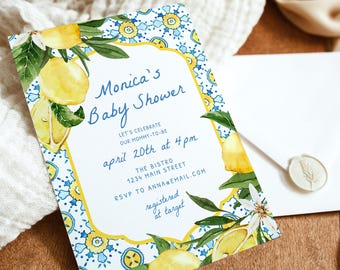 Editable Lemon Baby Shower Invitation Template, Mediterranean Blue Tile Baby Shower Invite, Almafi Coast Lemon Italian Invite, Positano