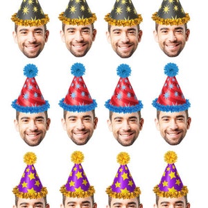 May include: Twelve different party hats with various colours and designs. The hats are all cone-shaped and have a pom-pom on top. The hats are arranged in three rows of four.