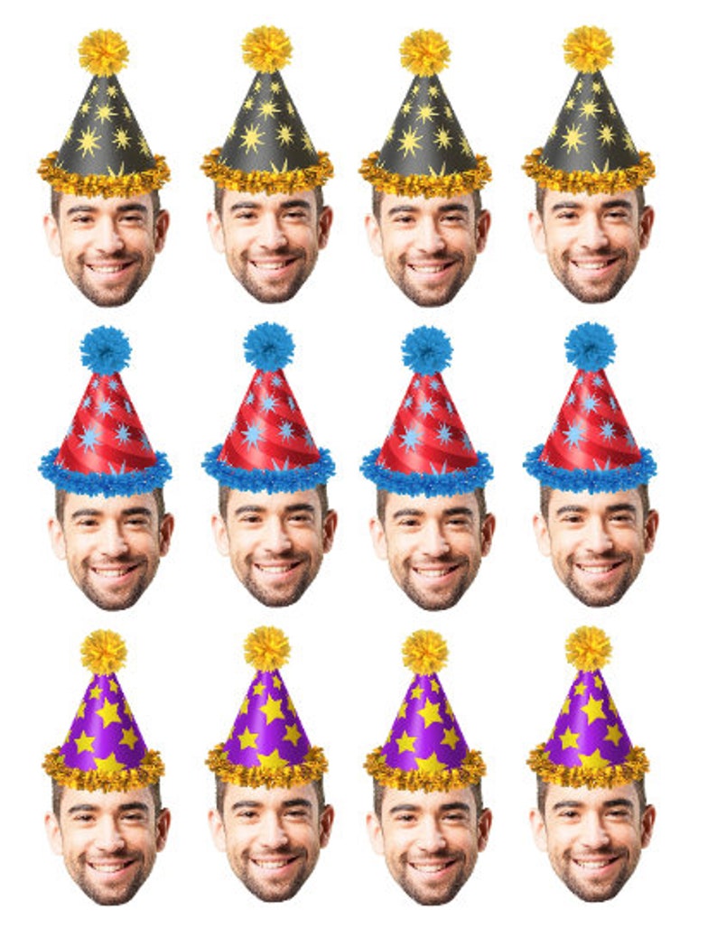May include: Twelve different party hats with various colours and designs. The hats are all cone-shaped and have a pom-pom on top. The hats are arranged in three rows of four.