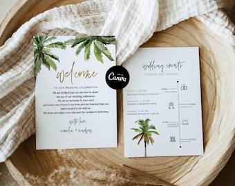 Tropical Wedding Timeline Template, Greenery Wedding Timeline Instant Download, Destination Welcome Letter, Welcome Bag Timeline Canva