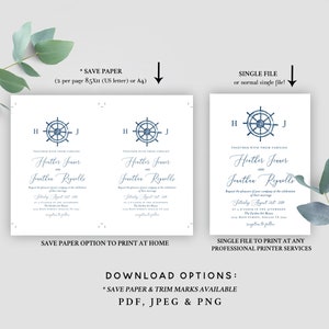 May include: Wedding invitation with a nautical theme. The design features a navy blue ship's wheel emblem with the couple's initials. The text includes the couple's names, wedding date, time, and venue details.