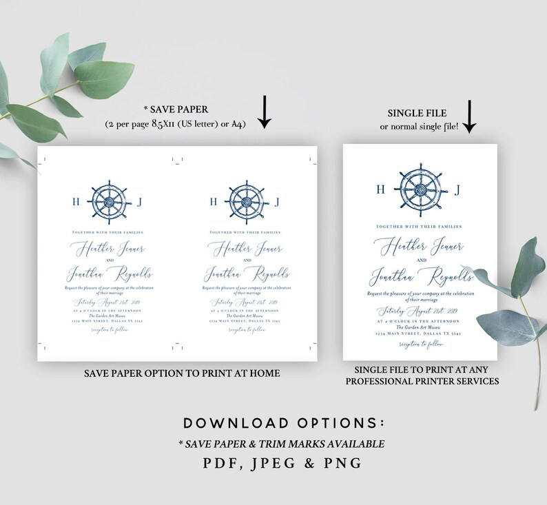 May include: Wedding invitation with a nautical theme. The design features a navy blue ship's wheel emblem with the couple's initials. The text includes the couple's names, wedding date, time, and venue details.