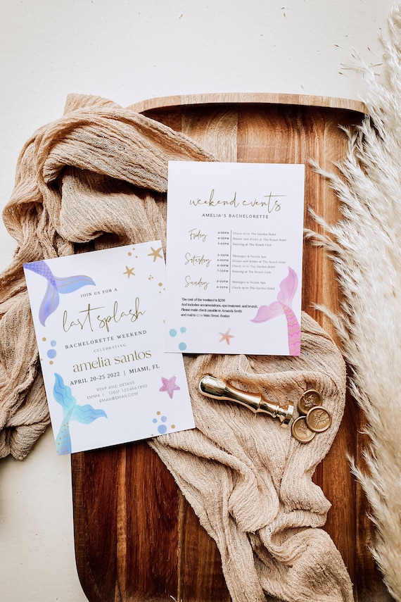 Mermaid Bachelorette Invitation & Itinerary, Last Splash Bachelorette Invite, Tropical Beach Ocean Bachelorette Itinerary, Editable, Evite