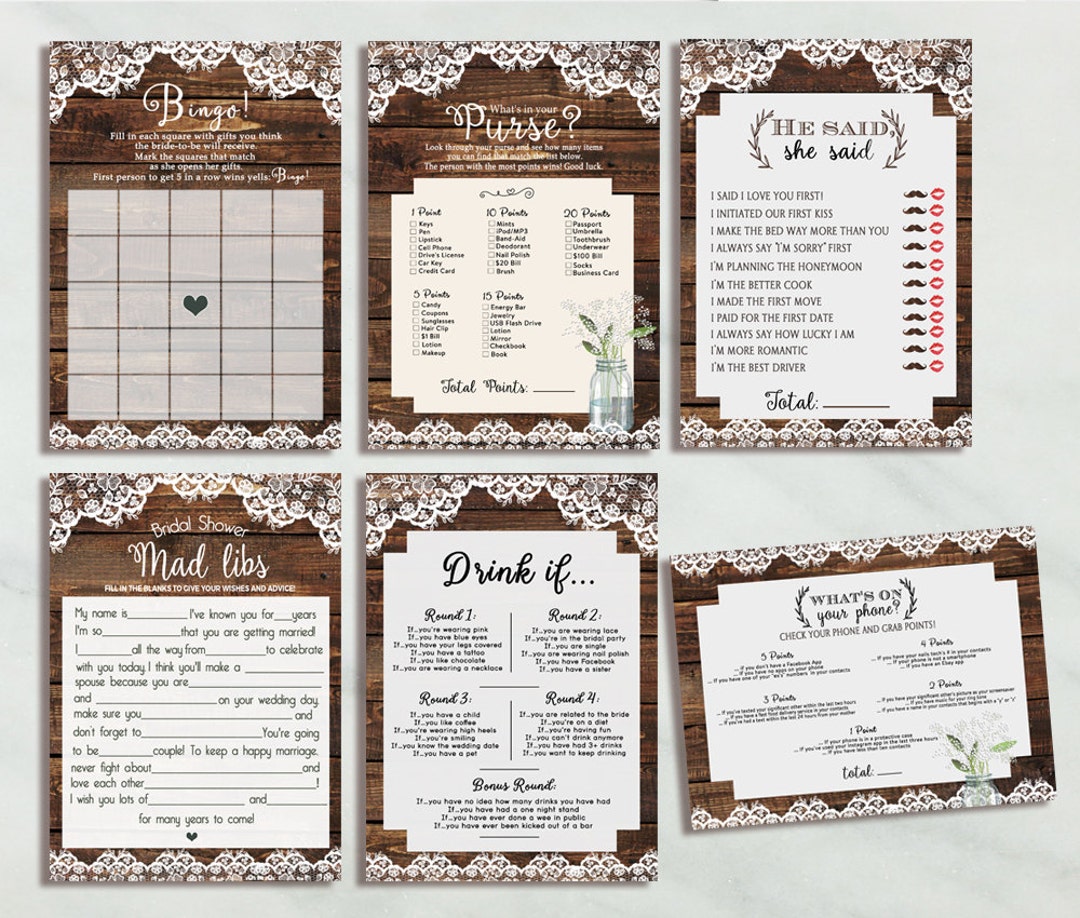 Printable Bridal Shower Games, Rustic Bridal Shower Games, Bridal Party