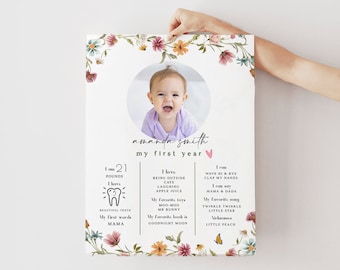 Martha | Wildflower First Birthday Milestone, Girl Birthday Milestone Board, Wildflower Birthday, 1st Birthday Girl, Baby Milestone Sign
