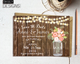 Rustic Save the date Printable, Country Save the Date Printable, Save the Date, Mason Jar Invite, Woodland Save the Date