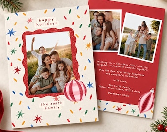 Whimsical Christmas Photo Card Template, Editable Canva Holiday Family Card, Colorful Hand Drawn 5x7 Printable Christmas Card