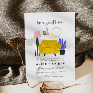 May include: A housewarming party invitation with a yellow armchair, a pink lamp, a mirror, and a potted plant. The invitation reads "Home sweet home" and includes the names "Aline + Kaique", the date "Saturday, July 23rd", the time "at 1:00pm", the address "12245 Main Street, Denver, Colorado", and contact information for RSVP.