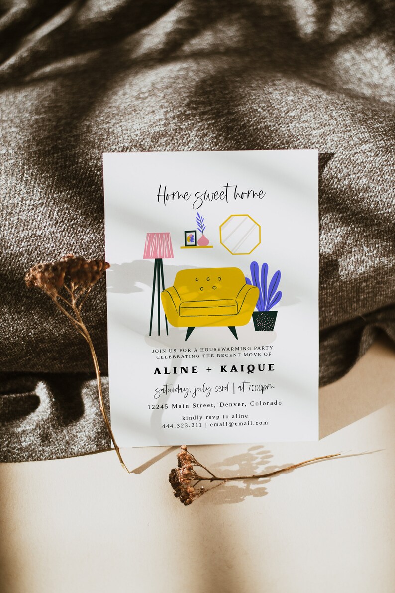 May include: A housewarming party invitation with a yellow armchair, a pink lamp, a mirror, and a potted plant. The invitation reads "Home sweet home" and includes the names "Aline + Kaique", the date "Saturday, July 23rd", the time "at 1:00pm", the address "12245 Main Street, Denver, Colorado", and contact information for RSVP.