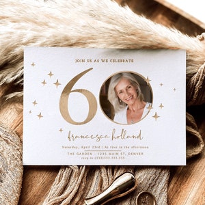 60th Birthday Invitation for Women, Elegant 60th Birthday Invitation with Photo, Sixty Birthday Invites, Editable Gold Birthday Surprise DIY