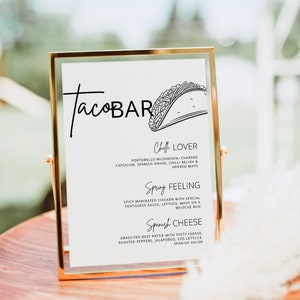 Taco Bar Menü Schild zum Ausdrucken, Taco Station Party Schild, Taco Hochzeit Bar Schild Station, Hochzeit mexikanisches Essen Menü Schild, bearbeitbare Vorlage