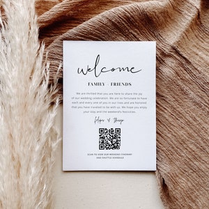 Modelo de carta de boas-vindas para casamento, itinerário com código QR, carta de boas-vindas para bar de casamento, inserção de código QR, programação de eventos de fim de semana de casamento, faça você mesmo