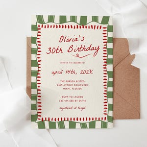May include: A green and white striped invitation with red accents. The invitation is for Olivia's 30th birthday party. The party will be held on April 14th, 202X at The Garden Bistro in Miami, Florida.