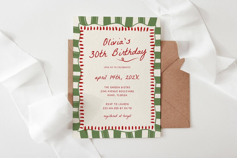 May include: A green and white striped invitation with red accents. The invitation is for Olivia's 30th birthday party. The party will be held on April 14th, 202X at The Garden Bistro in Miami, Florida.
