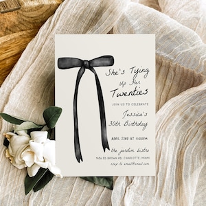 Sjabloon verjaardagsuitnodiging voor haar twintiger vastbinden, 30e feestthema, strikcoquette esthetiek, bewerkbare feestuitnodiging, 30e verjaardagsbrunch