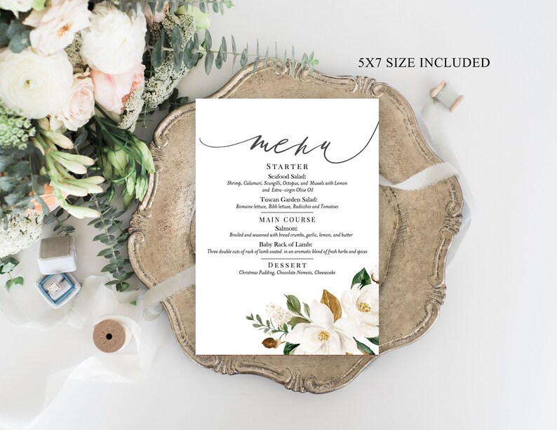 Magnolia Menu Card Template Rustic Dinner Menu Wedding Menu Etsy