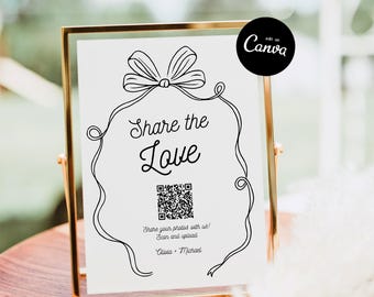Handwritten wedding Photo share QR code, hand drawn capture the love, doodle share the love card editable, modern hashtag sign template
