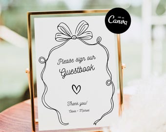 Hand drawn Guestbook Sign Template, Handwritten Scribble illustrated Wedding Guest Book Sign, Quirky Printable Download Signs Canva