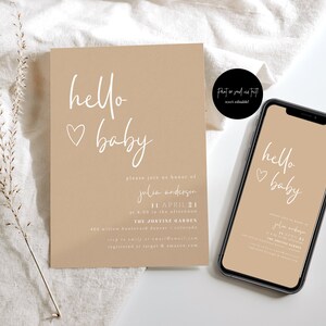 Hello Baby Invitation, Modern Beige Baby Shower Invite, Minimalist Baby Shower Invitation, Gender Neutral Baby Shower Invitation, Editable