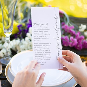 Carta de agradecimiento para menú de boda, carta de agradecimiento moderna, nota para servilleta de boda, plantilla editable, agradecimiento minimalista para mesa, bricolaje