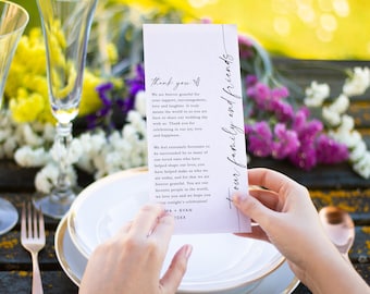 May include: A white card with black text that reads "Thank you + our family and friends". The text on the card expresses gratitude for support, encouragement, love, and laughter. The card also mentions a wedding day celebration.