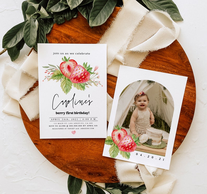 Editable Strawberry Birthday Invitation First Birthday Berry Sweet Girl Cute Strawberries 1st Download Printable Template