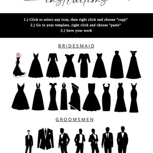 May include: A set of black silhouette icons for a wedding. The icons include various styles of bridesmaid dresses and groomsmen suits. The text "BRIDESMAID" and "GROOMSMEN" are at the top of each set of icons.