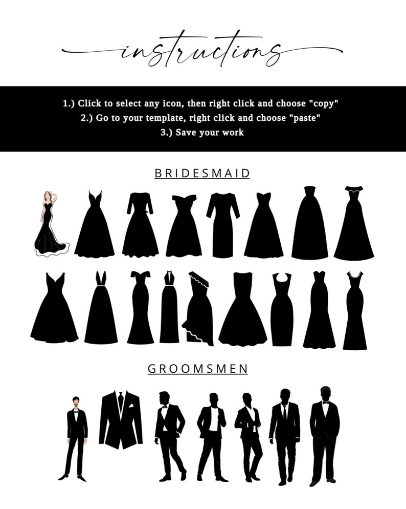 May include: A set of black silhouette icons for a wedding. The icons include various styles of bridesmaid dresses and groomsmen suits. The text "BRIDESMAID" and "GROOMSMEN" are at the top of each set of icons.