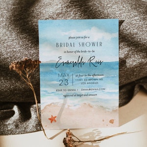 Editable Beach Bridal Shower Invite Ocean, Seashore Bridal Shower Invitation Template Download, Beach Bridal Shower invitation, Tropical