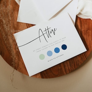 ELLIA | Carte d’information sur les vêtements de mariage modernes, insert de palette de couleurs de mariage élégant, carte d’insertion de code vestimentaire invité, moodboard de mariage pour invité