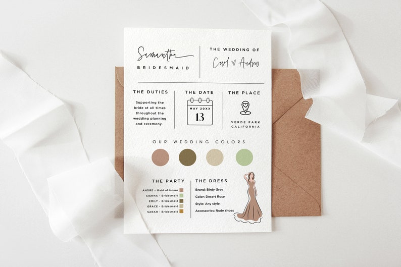 May include: A bridesmaid card with the text "Samantha Bridesmaid" at the top. The card includes the wedding date, location, and dress code for the bridesmaids. The card also includes a color palette for the wedding.