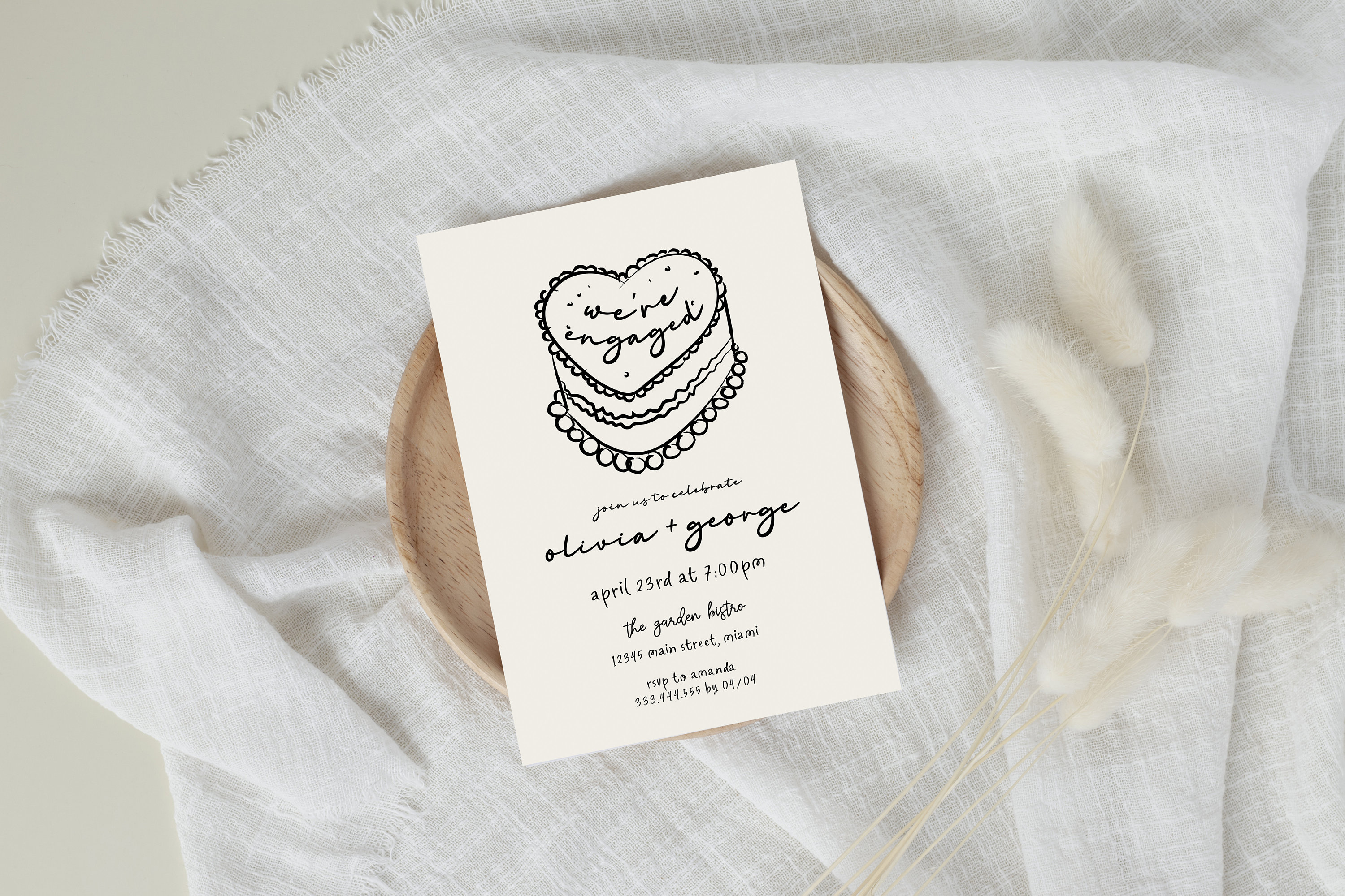 Whimsical Engagement Invitation, We're Engaged Invitation Template, Hand Draw Engagement Invite, Heart Cake Invite, Elegant Wedding