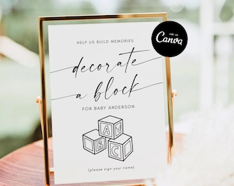 Decorate a Baby Block Sign, Minimalist Baby Shower, Baby Shower Activity, Baby Party Games, Decorate a Baby Block, Modern Baby Shower Canva
