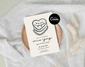 Whimsical Engagement Invitation, We're Engaged Invitation Template, Hand Draw Engagement Invite, Heart Cake Invite, Elegant Wedding Canva