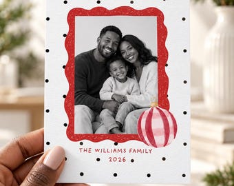 Polka Dot Christmas Photo Card Template, Editable Canva Holiday Card, 5x7 Family Christmas Card, Whimsical Christmas Bow