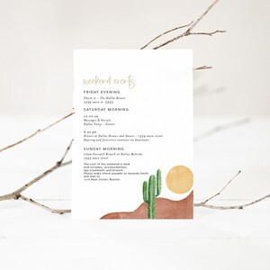 May include: A weekend event schedule with a desert landscape illustration. The schedule includes check-in, messages and facials, dinner and dance, and a farewell brunch. The text reads: "weekend events", "Friday Evening", "Check in - The Dallas Resort", "1234 main st. 3333", "Saturday Morning", "10:00 am", "Messages & Facials", "Dallas Valley - Center", "6:30 pm", "Dinner at Dallas Dinner and Dance - 1334 main street", "Dancing and festivities continue on downtown", "Sunday Morning", "10:00 am Farewell Brunch at Dallas Mebride", "1345 main street", "The cost of the weekend is $230", "And includes: accommodations, spa treatment, and brunch.", "Please make check payable to Amanda Smith", "and mail to", "1234 Main Street, Boston"