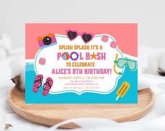 Girl Pool Party Invitation Template, Kids Pool Party Evite Text, Pool Girl Party, Kids Pool Party Evite, Invitation for Kids Editable DIY