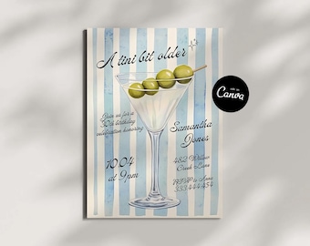 Sjabloon Tini Bit oudere 30e verjaardag uitnodiging, bewerkbare handgetekende martini elke leeftijd verjaardagsfeestje uitnodigen, martini verjaardagsthema, Canva