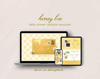 Bee Baby Shower Website Template, A Little Honey is on the way Invitation Canva, Honeycomb Bumblebee Baby Shower Invite Spring Theme Canva