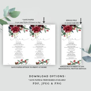 May include: White menu cards with a floral design featuring burgundy dahlias, green leaves, and berries. The menu includes sections for starter, main course, and dessert. Text includes "Menu" and "Download Options".