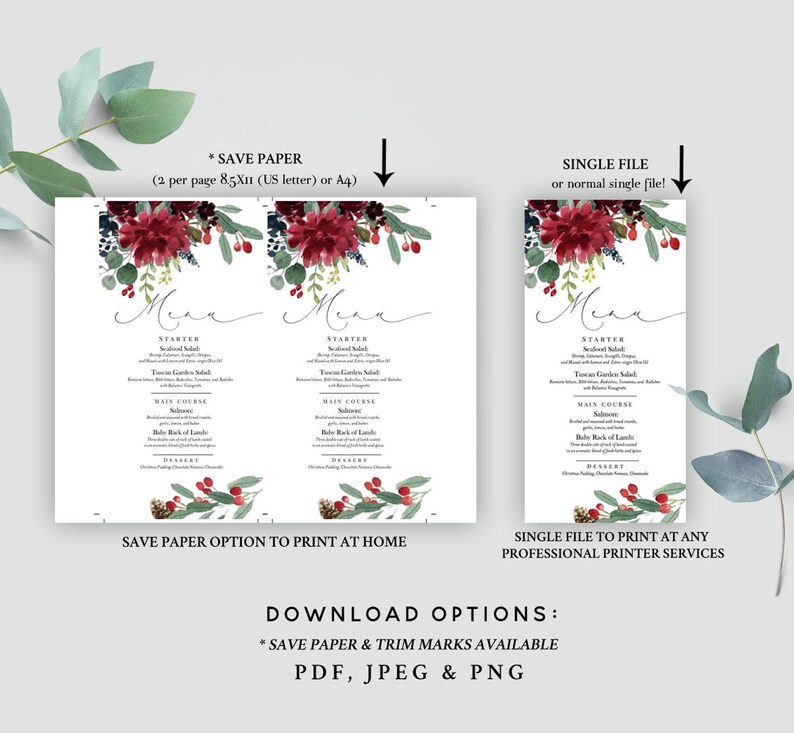 May include: White menu cards with a floral design featuring burgundy dahlias, green leaves, and berries. The menu includes sections for starter, main course, and dessert. Text includes "Menu" and "Download Options".