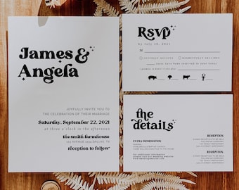 Konnor | Retro Wedding Invitation Template, Groovy Wedding Invitation Set, Retro Wedding Invitation Set, Celestial Wedding Invitation, DIY