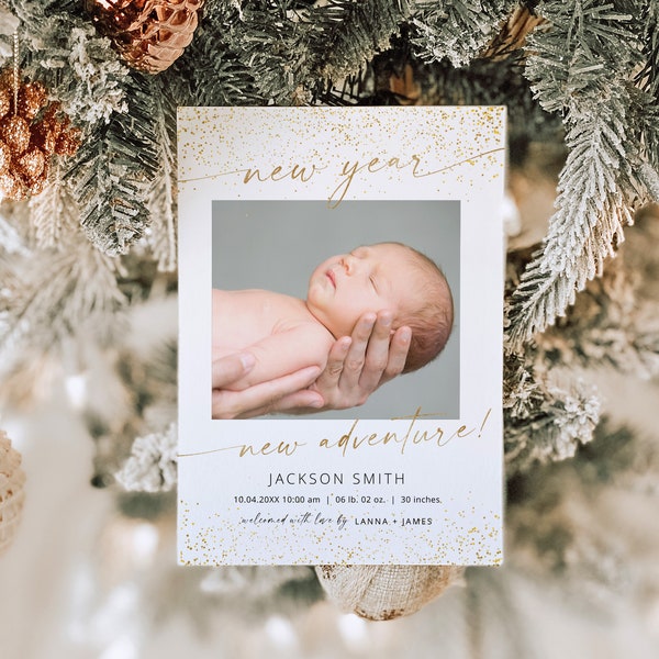 New Year's Birth Announcement Template, Printable Modern Newborn Baby Photo Card, Editable New Year New Adventure Card, 2023 Birth Announce