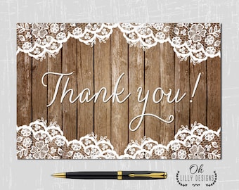 Thank You Card - Instant Download, Printable Thank You Card, thank you card rustic, lace thank you card, Digital file