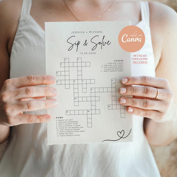 Custom Wedding Small Crossword Puzzle, Sip & Solve Crossword, Bridal Shower Games, Personalized Crossword Puzzle, Wedding Cocktail Hour Game