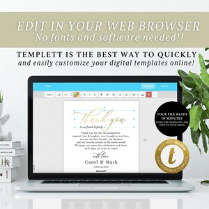 May include: A laptop screen shows a digital template with gold script text saying "Thank You". The image includes decorative elements such as small white planters with grass and a stack of books, suggesting a wedding or event theme.